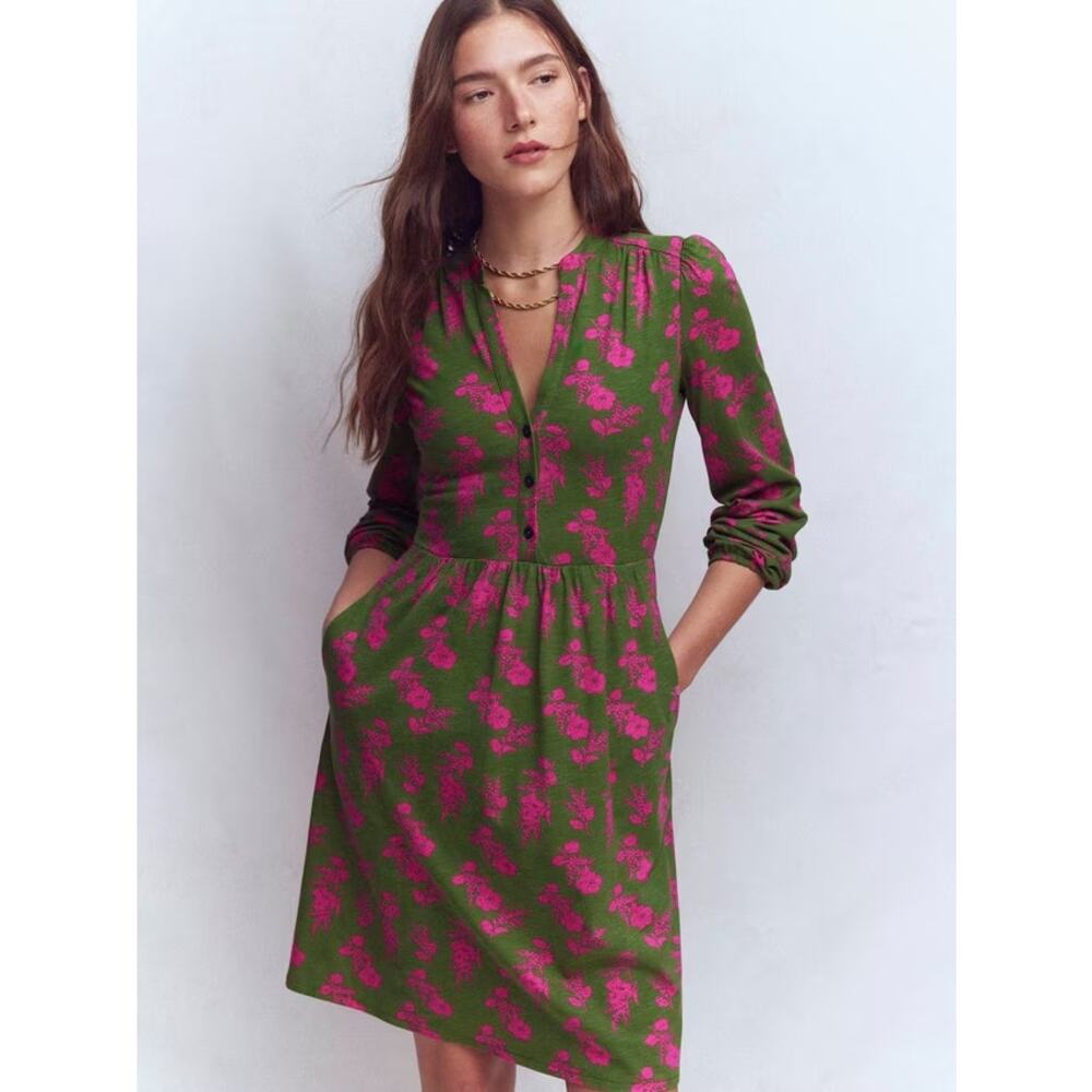 Boden Amy Puff Sleeve V-Neck Jersey Mini Dress Olive Blossomy Spring Womens 12R - Picture 2 of 11